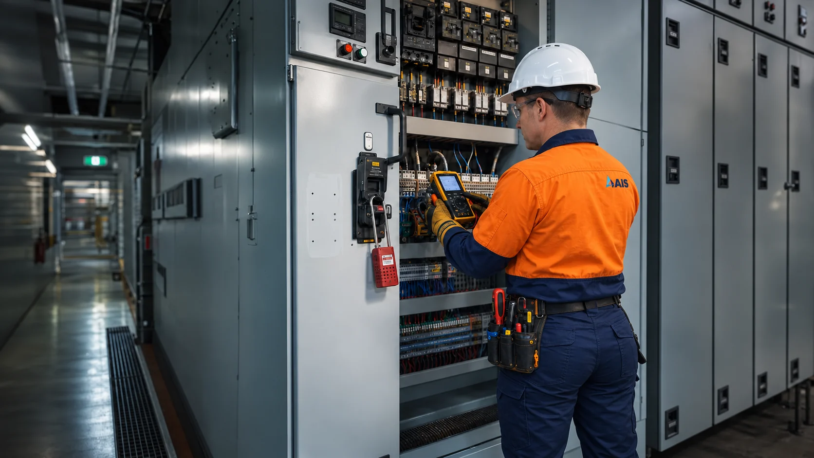 AI-generated scene of AIS industrial electrician testing switchboard equipment in a Queensland plant