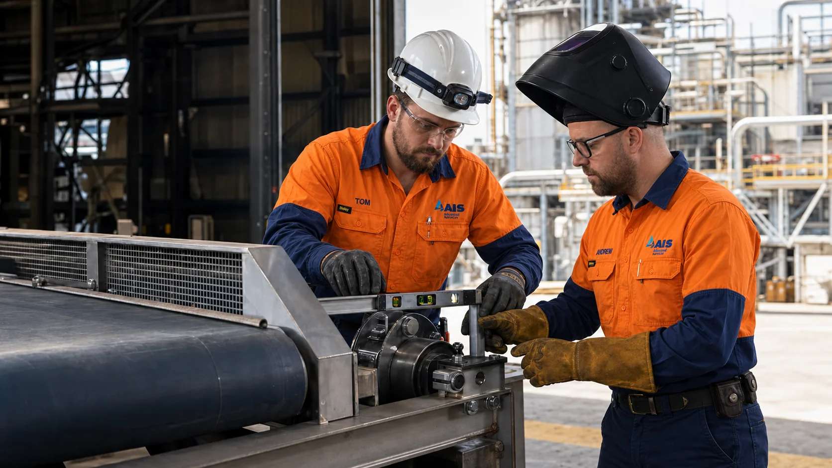 AI-generated scene of AIS mechanical fitter and fabricator aligning a conveyor assembly