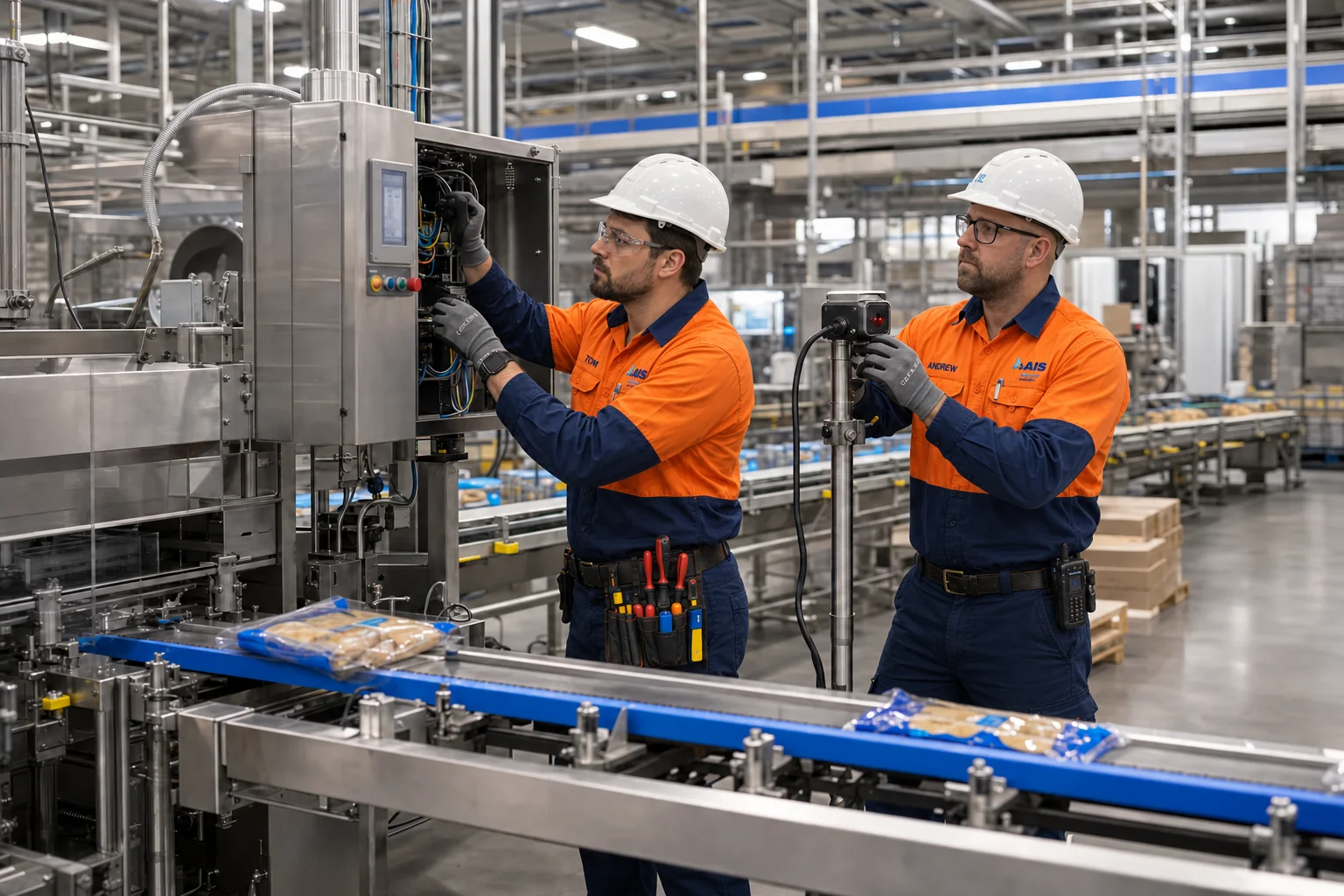 AI-generated scene of two AIS team members testing food-processing controls and sensors