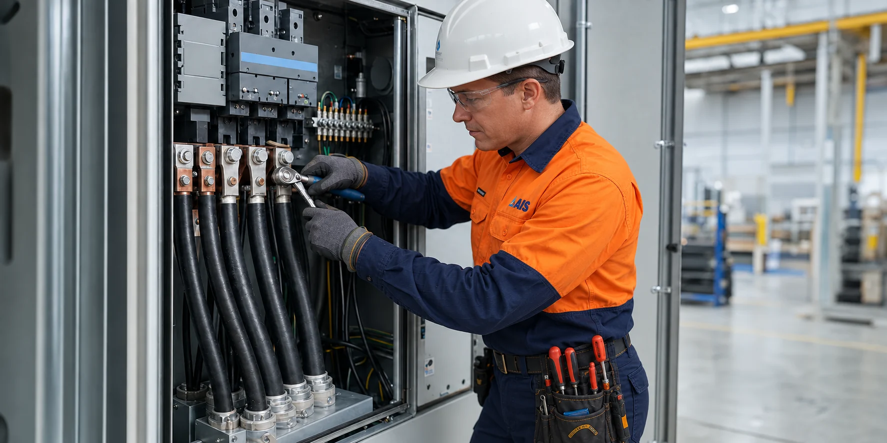 AI-generated scene of an AIS team member checking cable terminals in an industrial switchboard